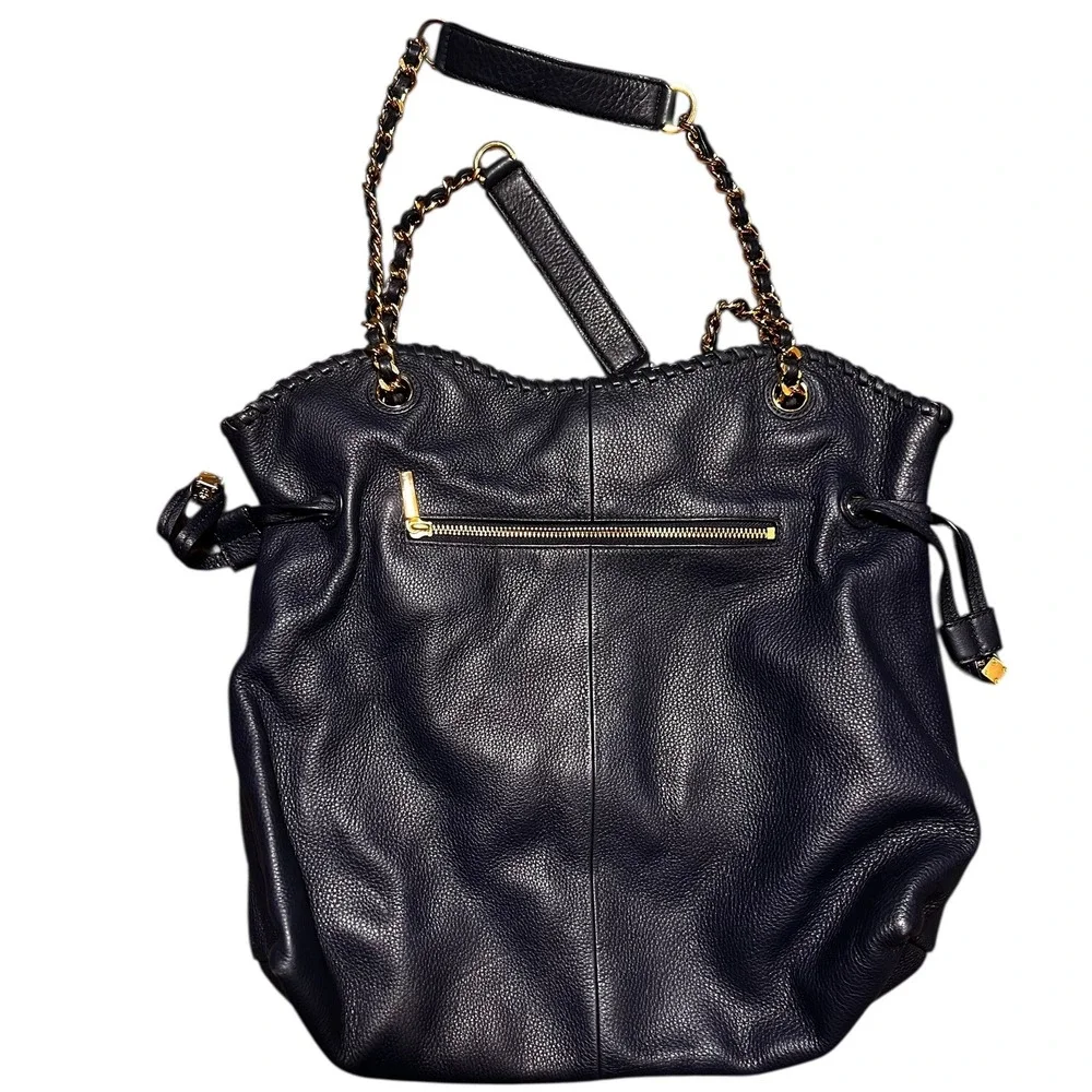 Tory Burch‎ Navy Leather Marion Slouchy Tote Bag Purse Gold Chain & Wallet EUC